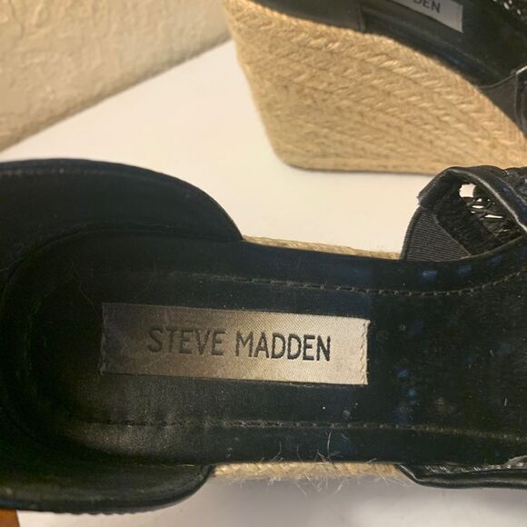 Steve Madden Black Basket Weave Wedge Platform Leather and Rope Sandall Size 7M - Picture 2 of 8